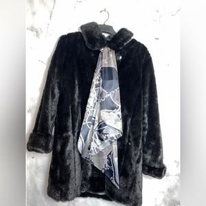 Vintage Dennis Basso Silk Scarf & Faux Fur Coat Set Medium
